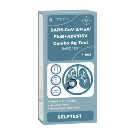 5in1 kombinuotas SARS-CoV-2, gripo A ir B, ADV ir RSV antigenų testas (nosies landos tepinėlis), 1 vnt. Testera